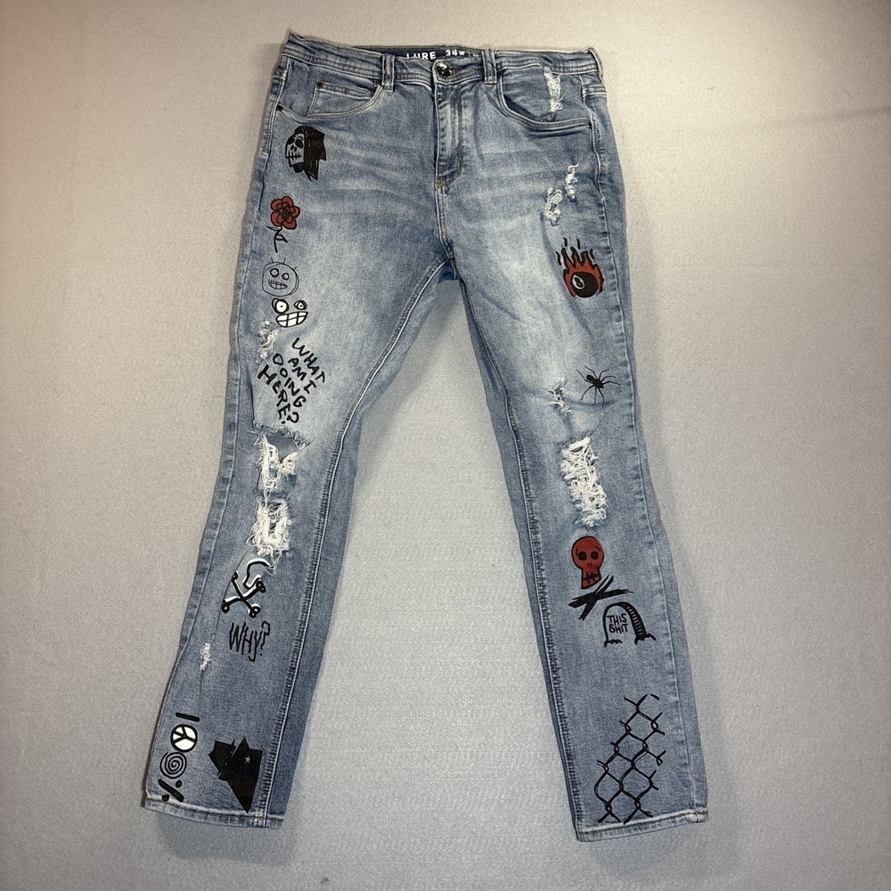 Lure‎ Graphic Jeans Tapered Skinny 34W Ripped Stone Wash Low Rise